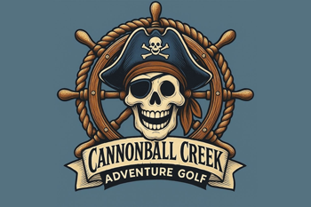 skull pirate wearing a hat with crossed bones and a steering wheel featuring Cannonball Creek Adventure Golf for fun 6 hole golf